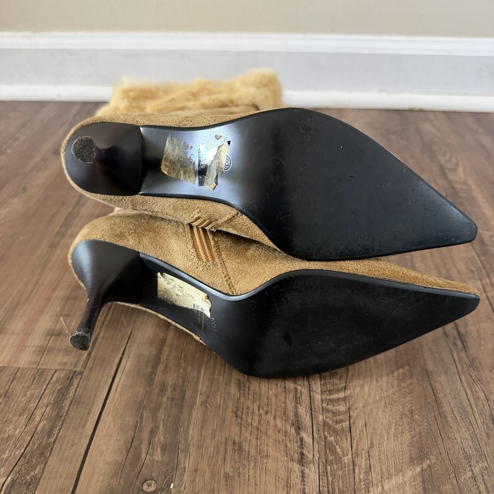 VTG Y2K Fur Heel Boots 8.5 Suede Tan Knee High Western Boho Penny Lane Pointed - Picture 11 of 16